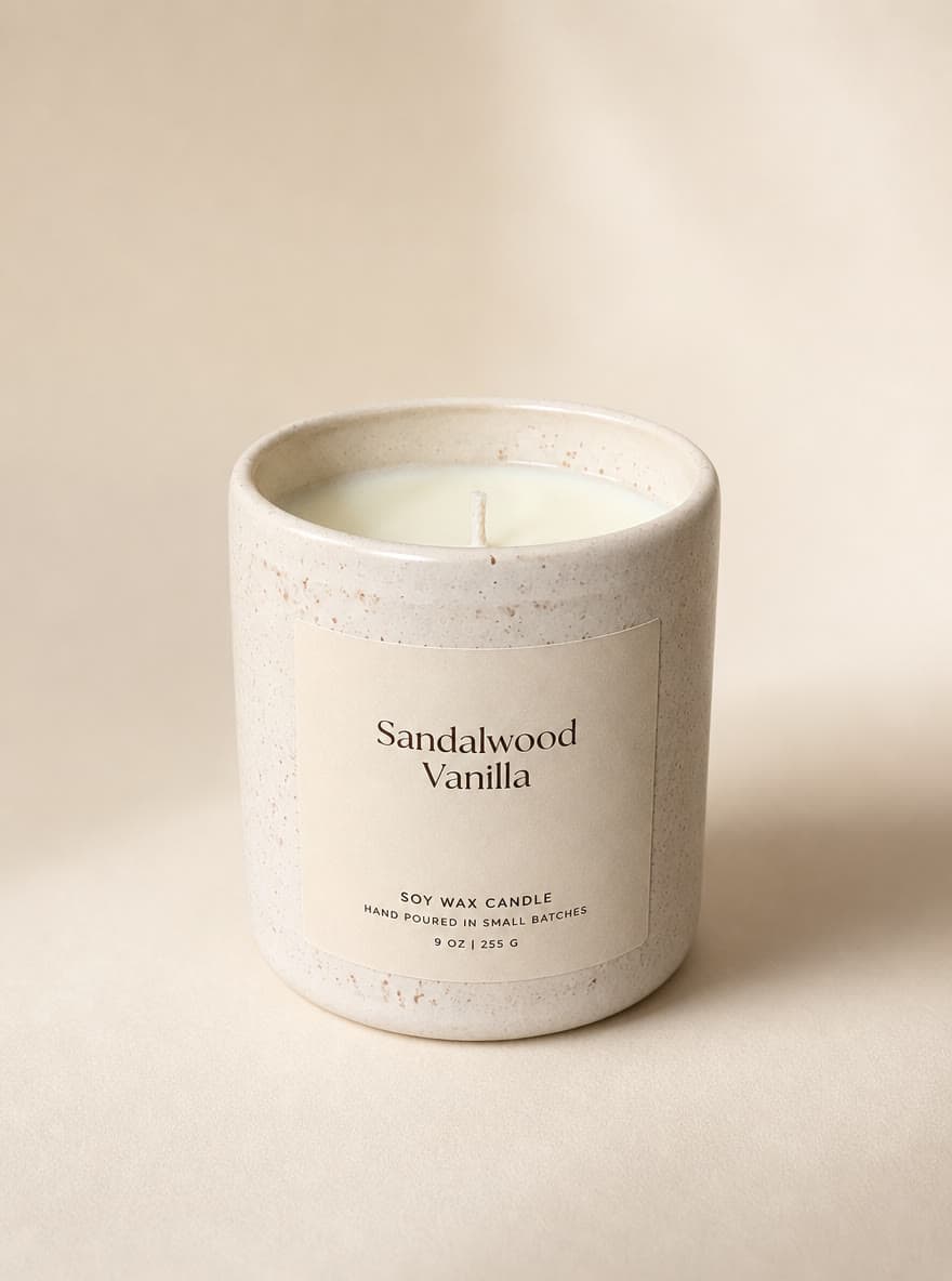 Clean Etsy listing photo of the same sandalwood vanilla candle on a quiet studio background