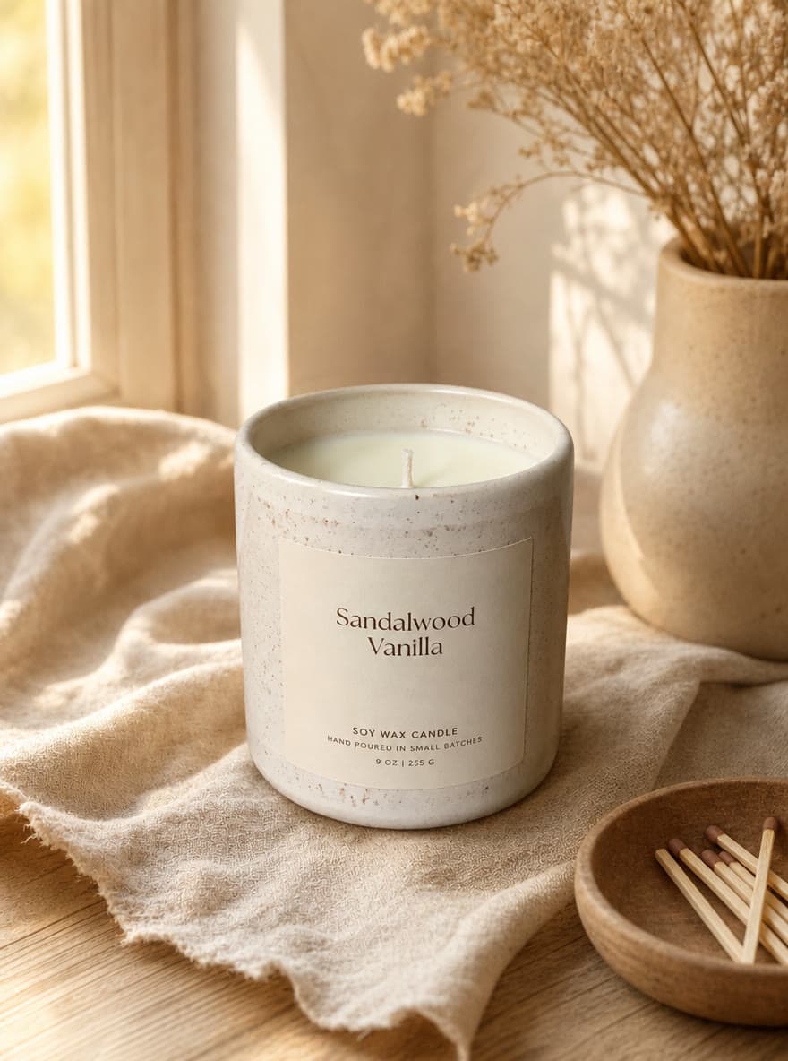 Same sandalwood vanilla candle in a cozy window-lit scene with linen, dried grass, and matches