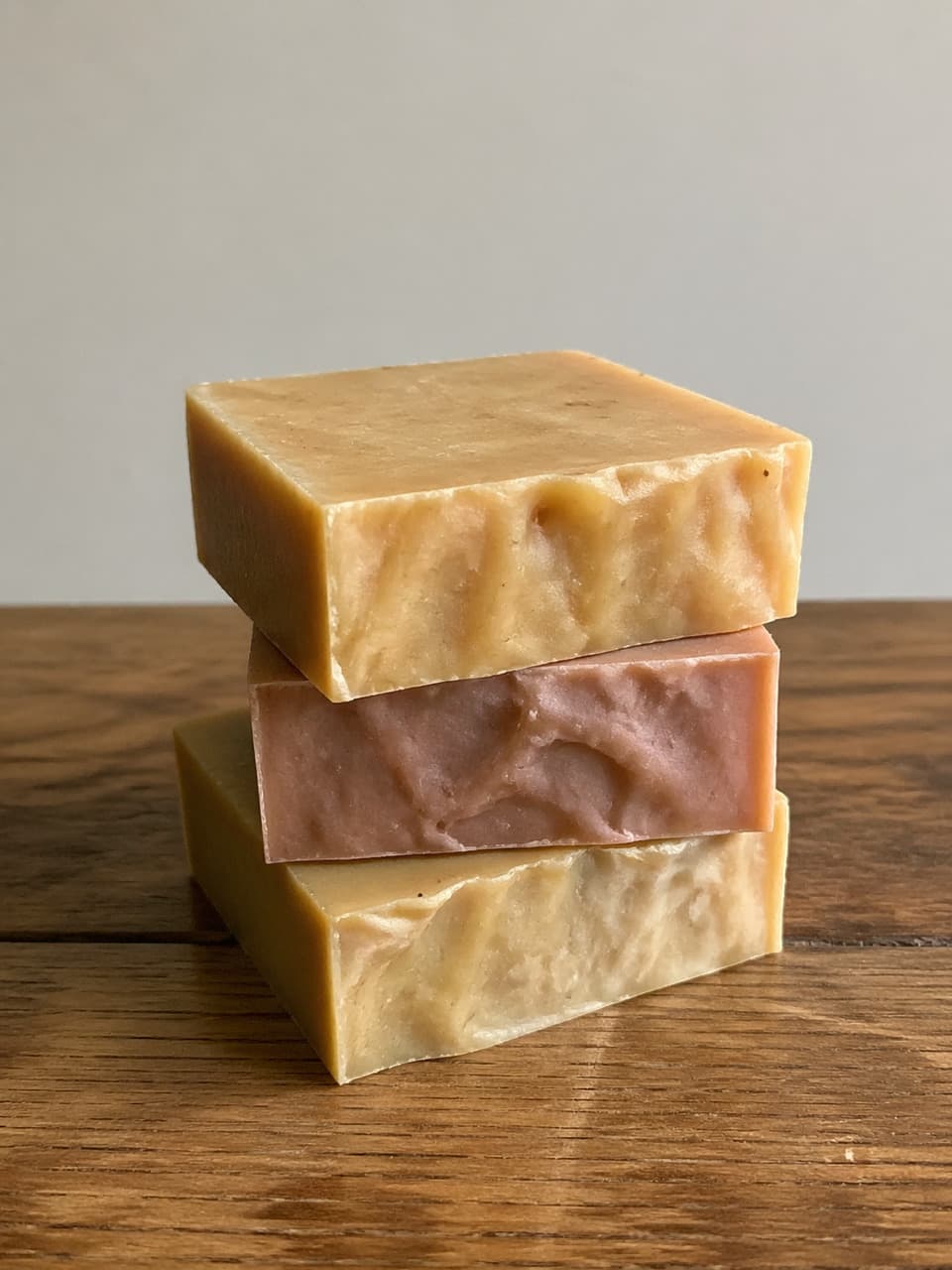 Three real hand-cut soap bars stacked on dark wood: ochre, dusty rose, and ochre, with visible swirl texture and no labels
