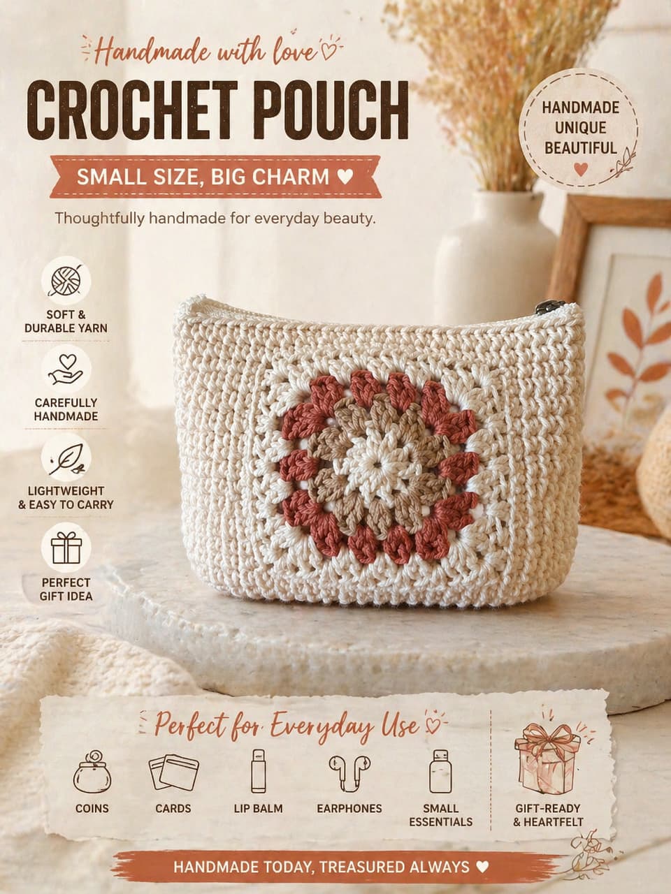 Generated graphic product post with a crochet pouch and readable selling point callouts