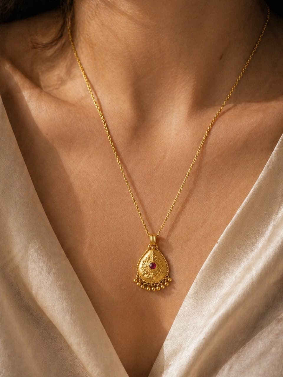 Generated on-model jewelry image with a gold necklace worn in warm daylight