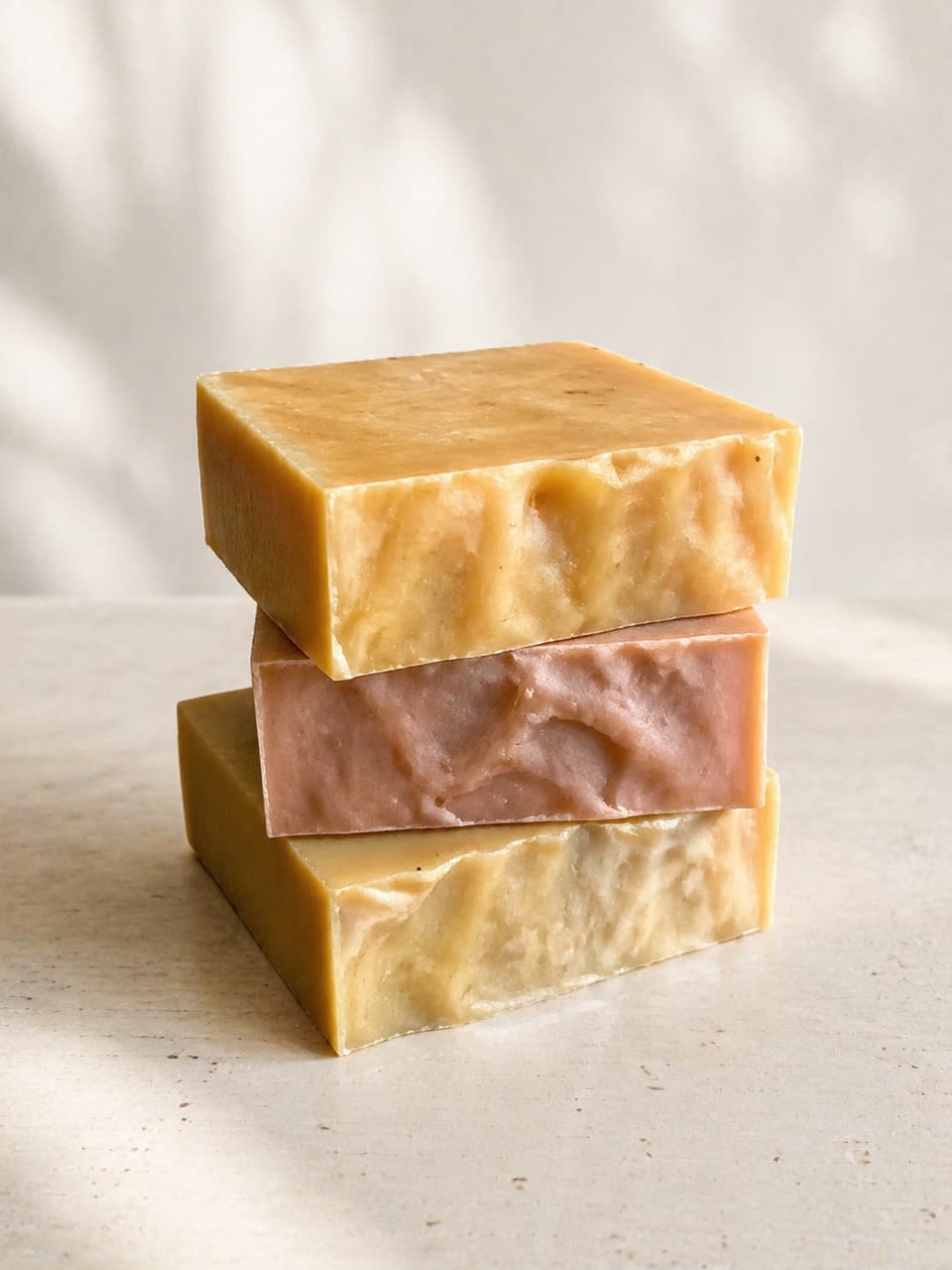 The same three hand-cut soap bars on a quieter listing surface with unchanged stack, colors, and swirl texture